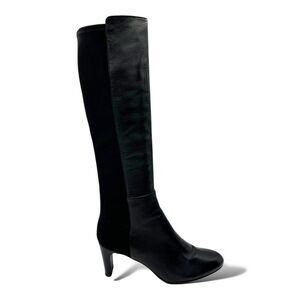 Stuart Weitzman Women Knee High Black Leather and Stretch Fabric Heeled Boot 8.5